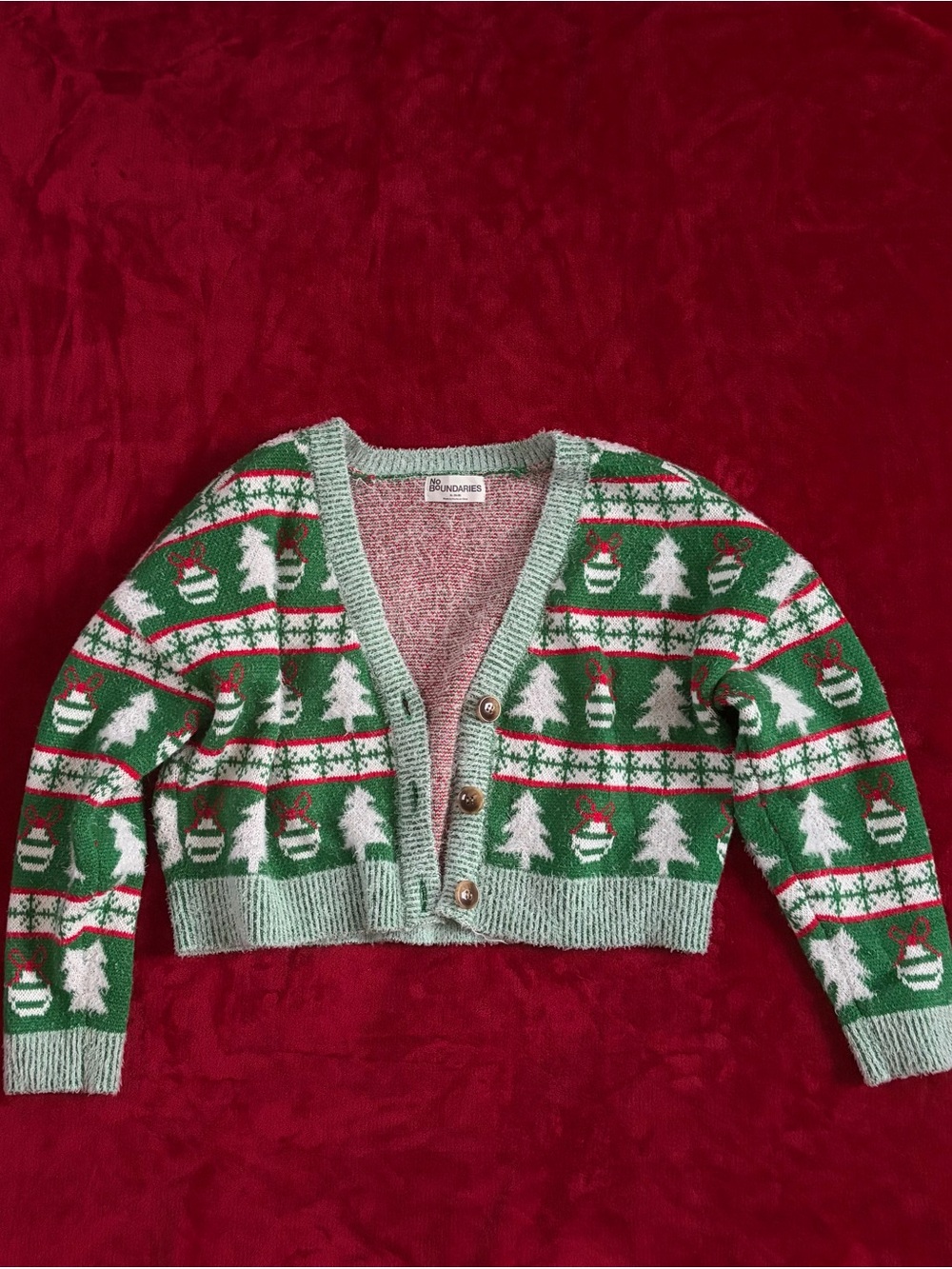 No Boundaries Festive Green Christmas Tree Cropped Cardigan Sweater XL